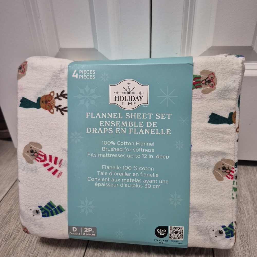 Holiday Time White 100% Cotton Double Size Flannel Sheet Set with Festive Animal